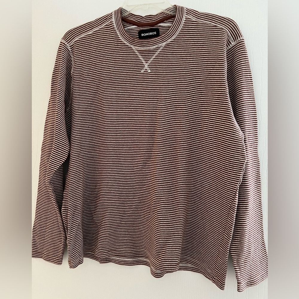 BONOBOS Crew Neck Sweater Size Xl Mens burgundy White Striped Washable Wool